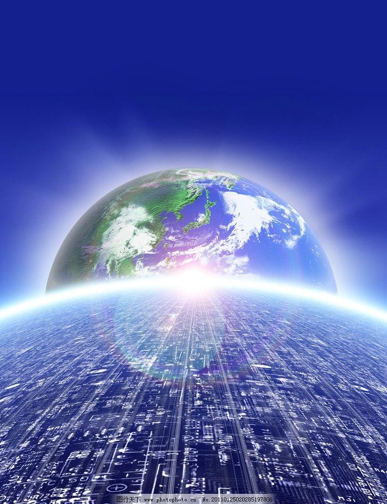动感光线电路板地球 数字时代的科技背景图景